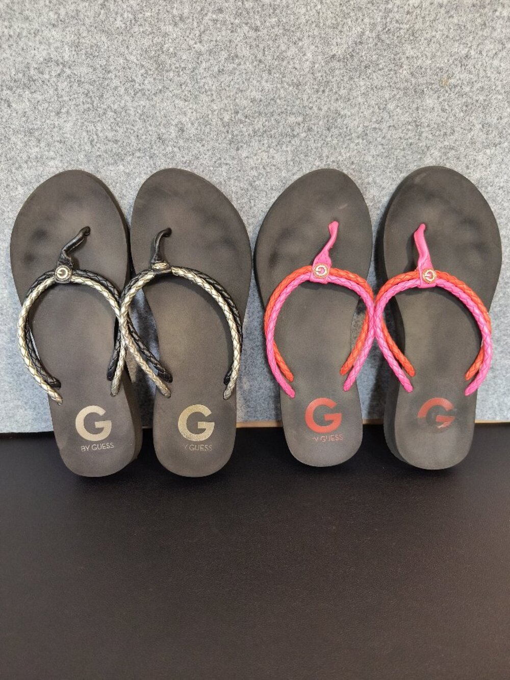 GUESS Flip Flop Sandals Lot 2 Pairs Braided Straps Pink Orange Black Silver